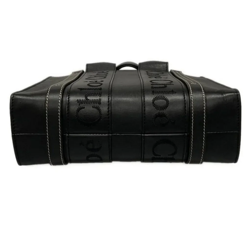 Auth Chloe Woody Small Tote Bag Black Smooth Calfskin - Picture 6 of 10